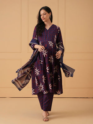 Navy Muse Maternity and Nursing Kurta Set With Dupatta - S Maternity Ethnic Set
