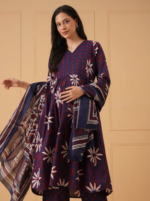Navy Muse Maternity and Nursing Kurta Set With Dupatta - S Maternity Ethnic Set