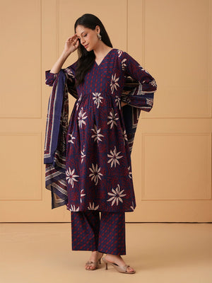Navy Muse Maternity and Nursing Kurta Set With Dupatta - S Maternity Ethnic Set