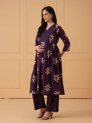 Navy Muse Maternity and Nursing Kurta Set With Dupatta - S Maternity Ethnic Set