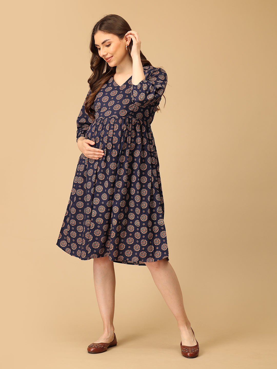 Navy Neat Maternity and Nursing Dress - DRS - SK - NVNT - S