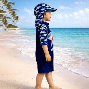 Navy Shark, Toddlers & Kids Swimwear with long Cap Free Wash Bag & Free Swim Detergent - 2 - 3 Years Swim