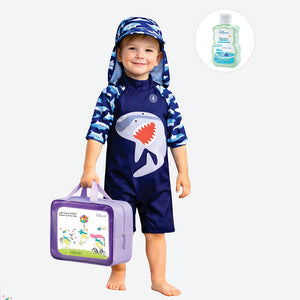 Navy Shark, Toddlers & Kids Swimwear with long Cap Free Wash Bag & Free Swim Detergent - 2 - 3 Years Swim