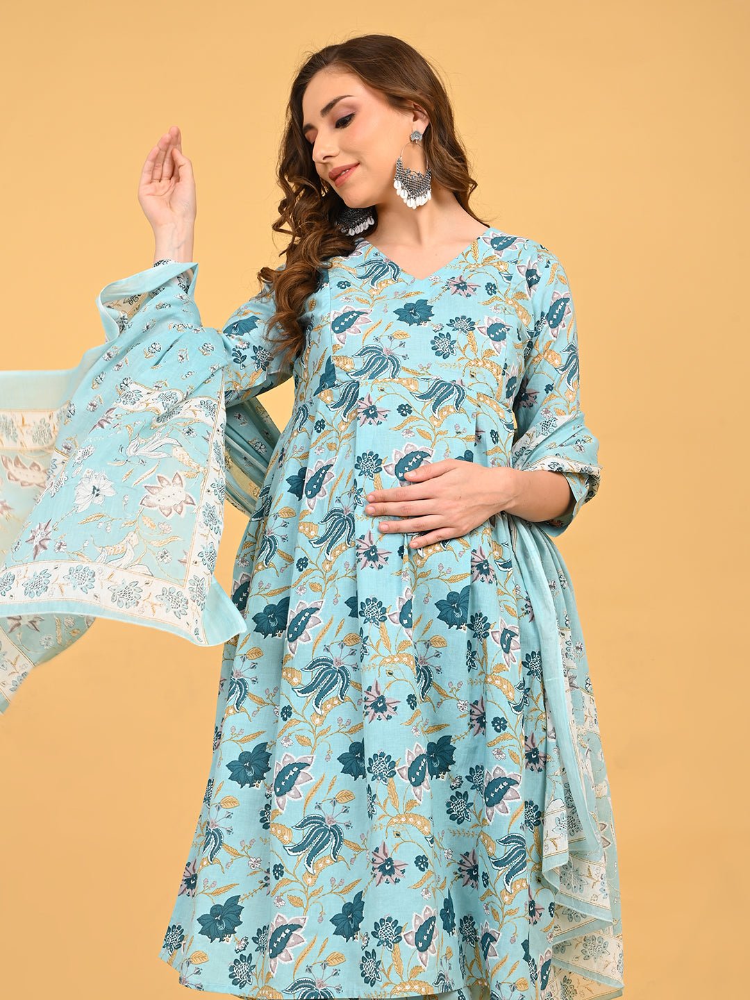 Blue maternity and nursing kurta set styled with coordinated dupatta and straight-fit pants.