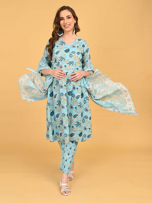 Model posing in Neelam Saaz blue maternity kurta set showing comfortable A-line fit.