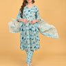 Model posing in Neelam Saaz blue maternity kurta set showing comfortable A-line fit.