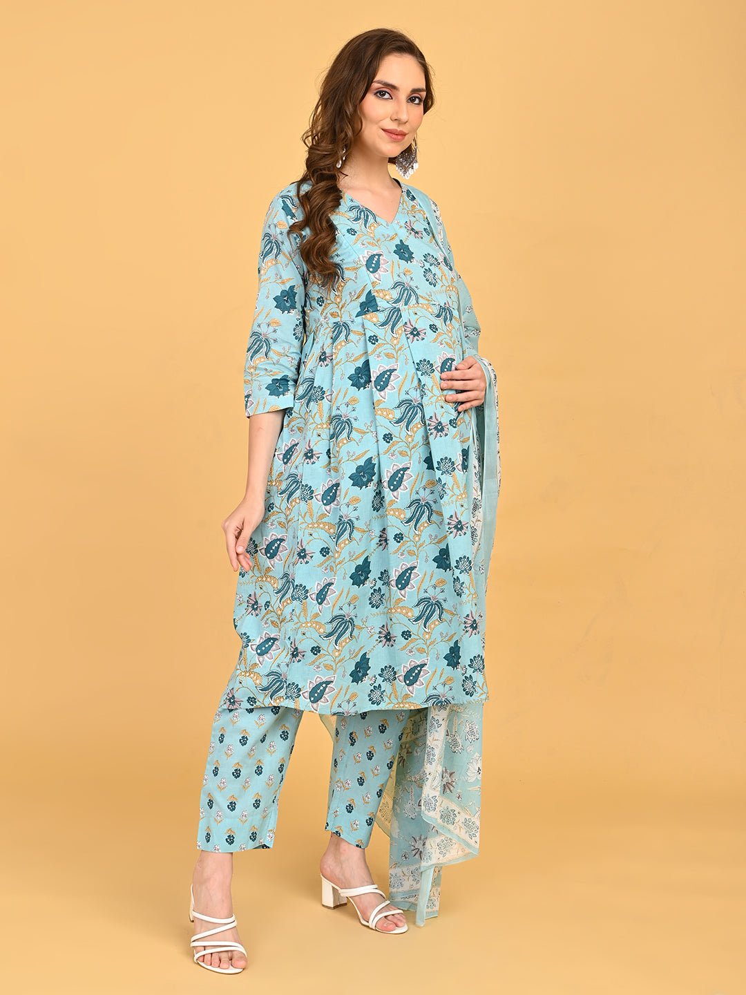 Full Side view of blue floral maternity and nursing kurta set with matching dupatta.