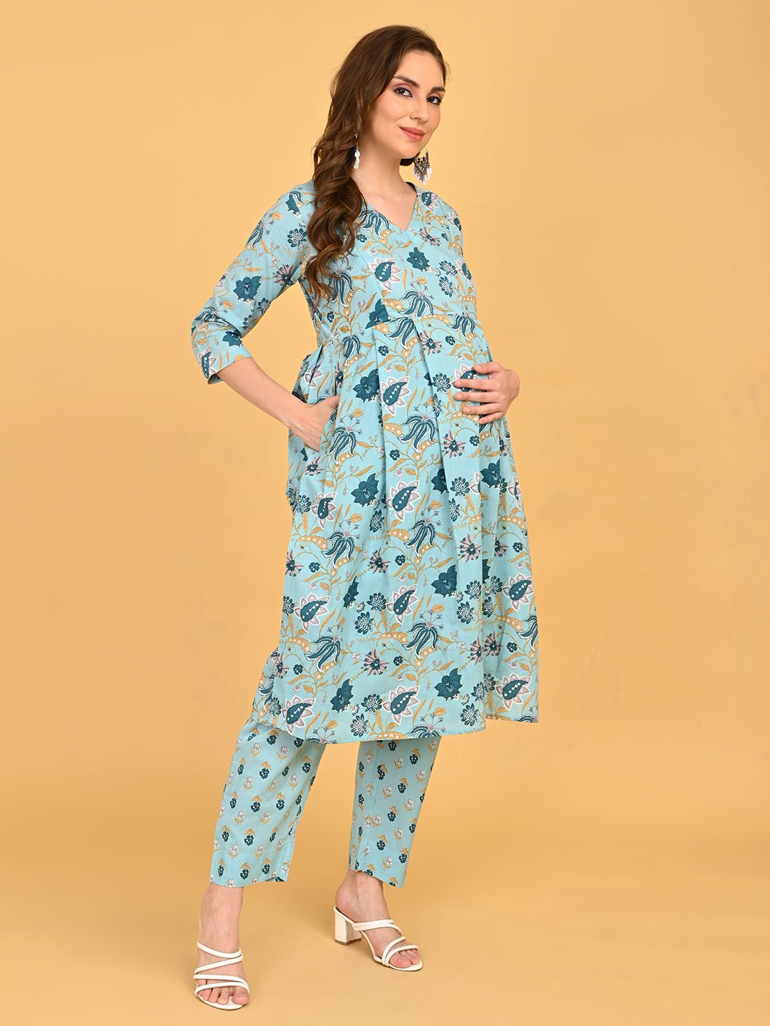 Full Side view of blue floral maternity and nursing kurta set with matching dupatta.