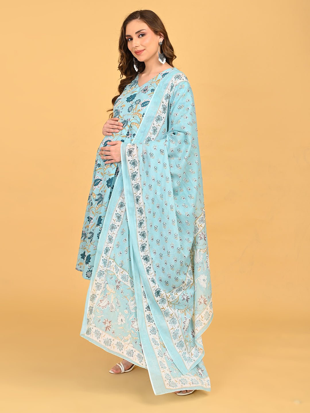 Full Side view of blue floral maternity and nursing kurta set with matching dupatta.