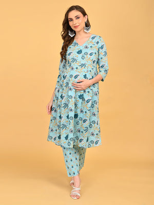 Full front view of blue floral maternity and nursing kurta set