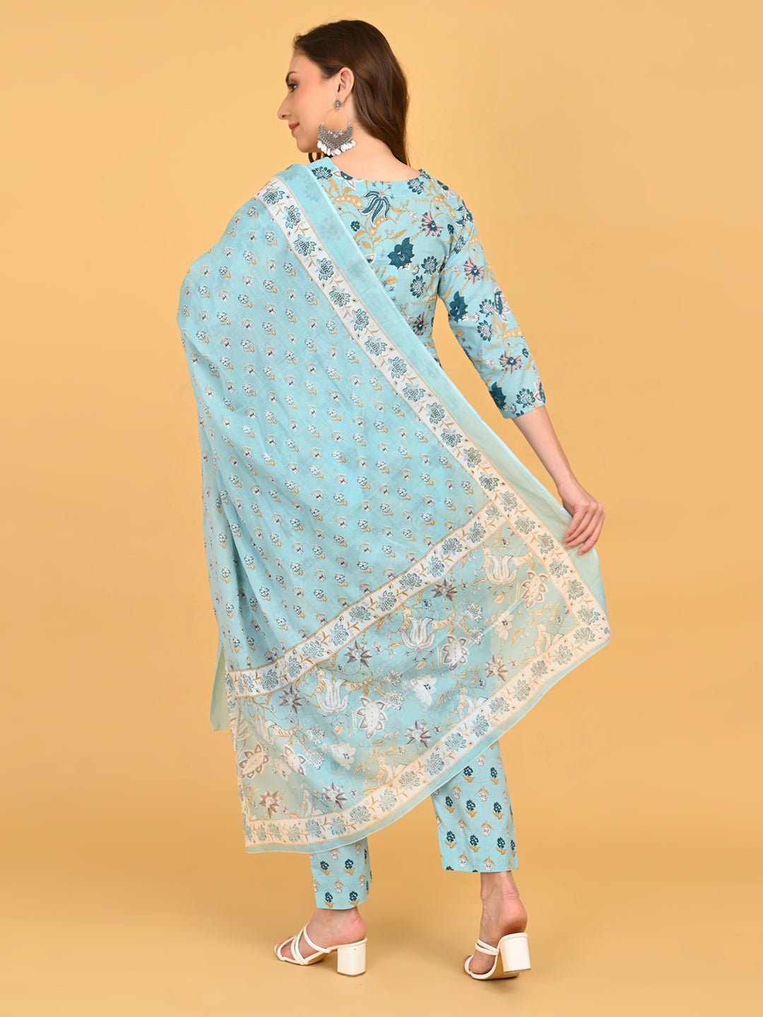 Back view of blue maternity kurta set with printed dupatta featuring decorative border.