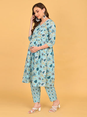 Full front view of blue floral maternity and nursing kurta set
