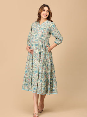 Neelanjana Maternity and Nursing Maxi Tier Dress - MEW - SF - NLJAN - S