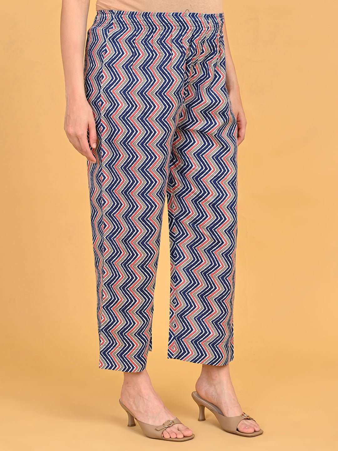 Close-up of zigzag printed straight pants from NeelVaani Maternity Kurta Set with elasticated waistband.