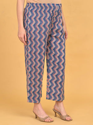 Close-up of zigzag printed straight pants from NeelVaani Maternity Kurta Set with elasticated waistband.