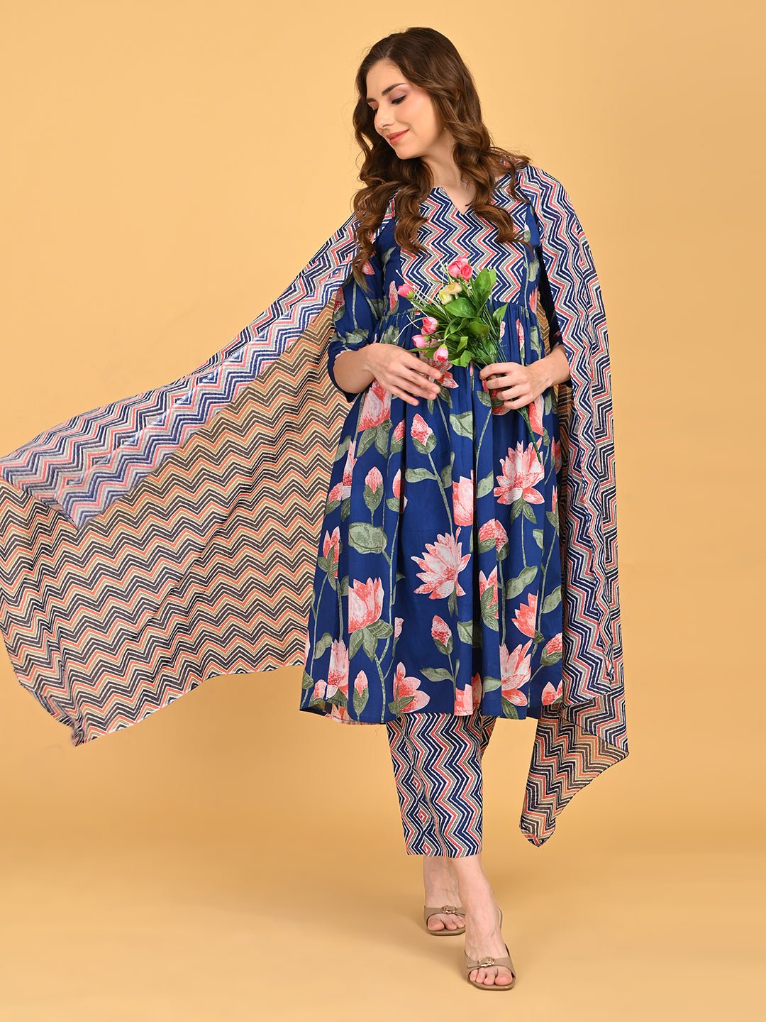 Front view of NeelVaani Maternity and Nursing Kurta Set highlighting flowing zigzag printed dupatta and relaxed maternity fit.