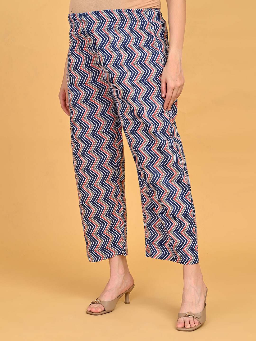 Close-up of zigzag printed straight pants from NeelVaani Maternity Kurta Set with elasticated waistband.