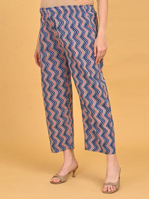 Close-up of zigzag printed straight pants from NeelVaani Maternity Kurta Set with elasticated waistband.