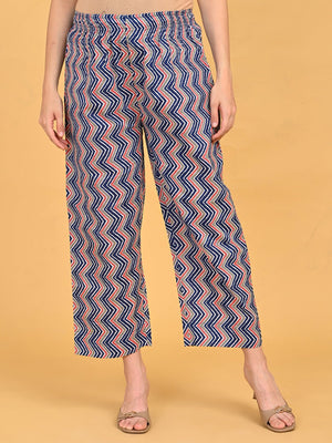 Close-up of zigzag printed straight pants from NeelVaani Maternity Kurta Set with elasticated waistband.
