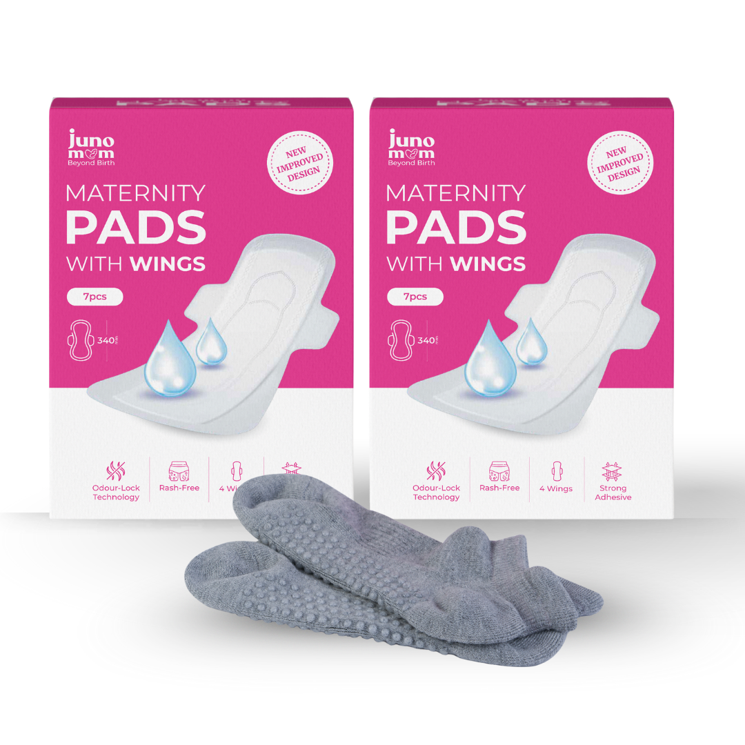 Juno Mom Extra Care Essentials | Ultra-Absorbent Maternity Pads (7 x 2) & 1 Pair of Grip Socks