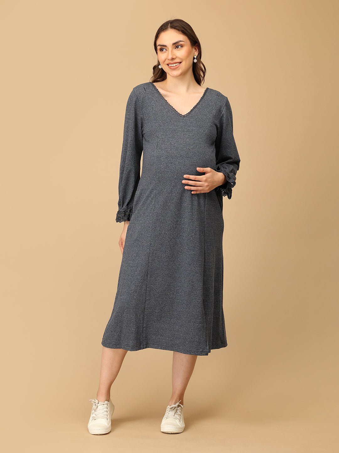 The Mom Store grey maternity sweater dress with lace neckline and cozy fit for expecting mothers.