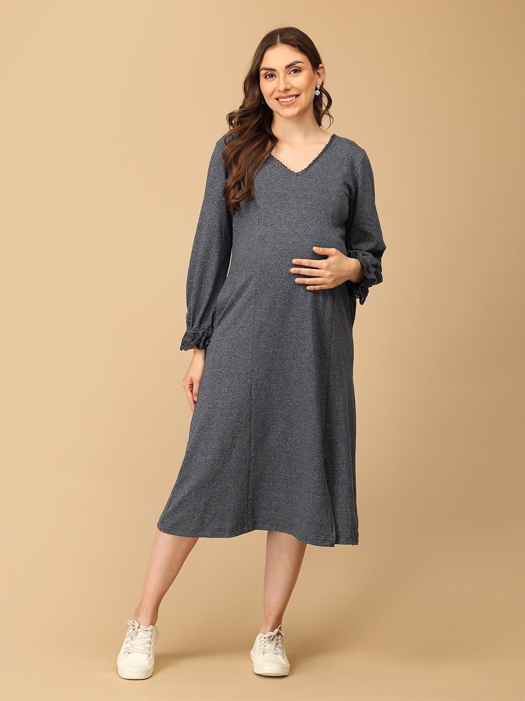 The Mom Store Night Shadow maternity sweater dress for stylish and warm winter wear during pregnancy.