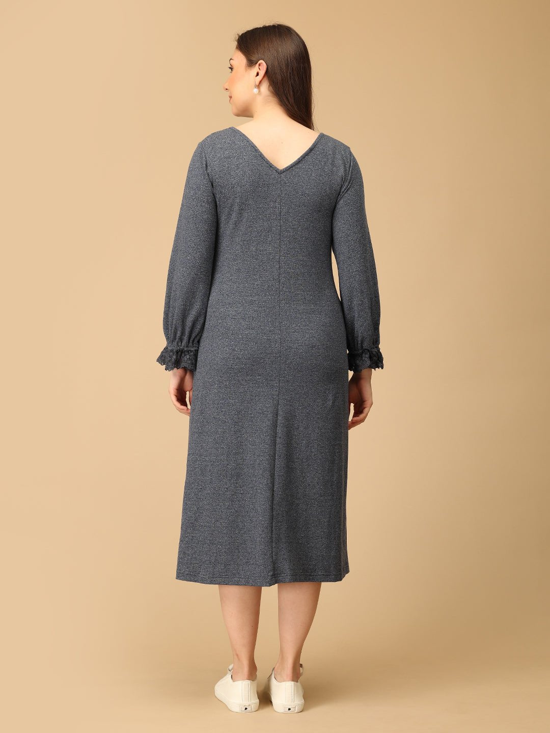 The Mom Store Night Shadow Maternity Sweater Dress back view with V-neck and full sleeves for winter comfort.