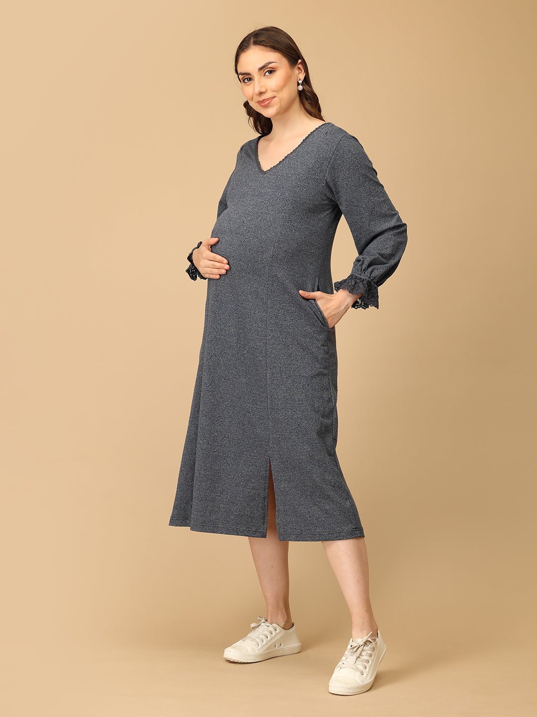 The Mom Store maternity winter dress with V-neck, side slit, and full sleeves for stylish pregnancy wear.