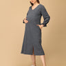 The Mom Store maternity winter dress with V-neck, side slit, and full sleeves for stylish pregnancy wear.