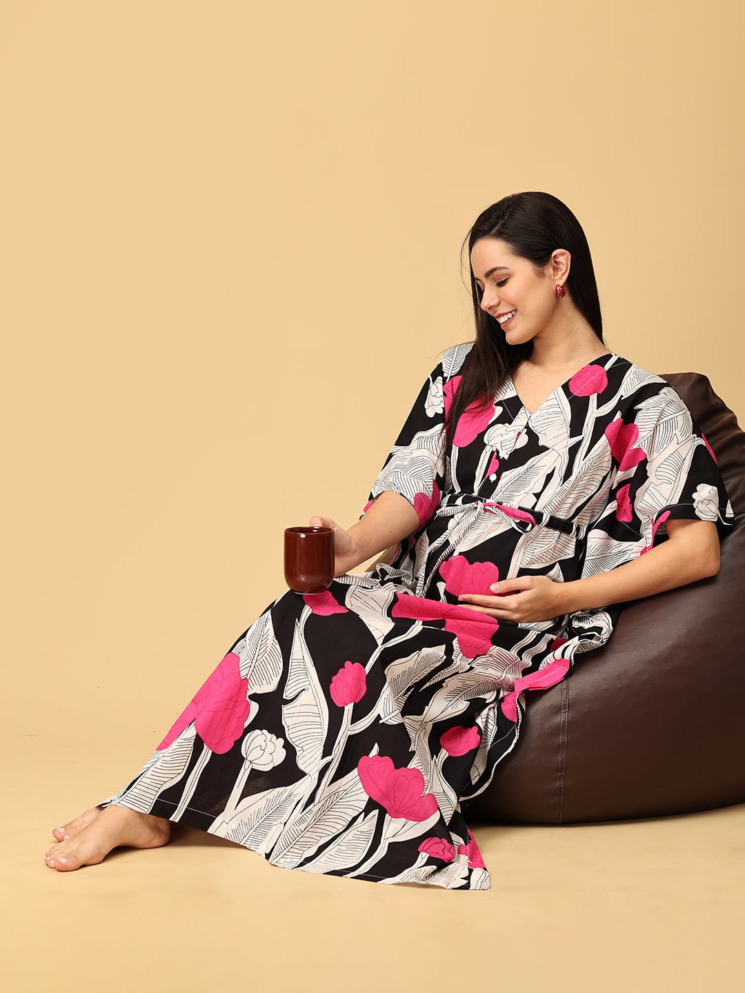 Noir Flora Maternity and Nursing Kaftan Nighty - NW - SK - NRFLR - S