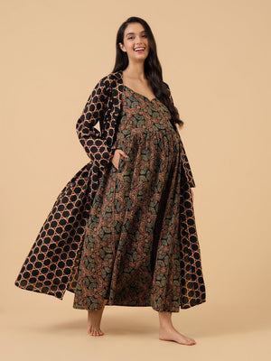 Noir Relax Fit Maternity and Nursing Nightwear With Robe Set - Black Maternity Nightwear Set