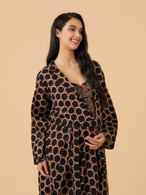 Noir Relax Fit Maternity and Nursing Nightwear With Robe Set - Black Maternity Nightwear Set