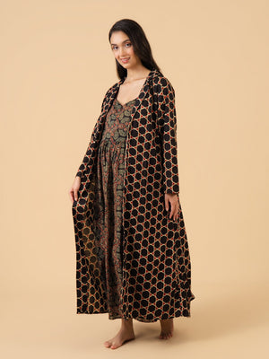 Noir Relax Fit Maternity and Nursing Nightwear With Robe Set - Black Maternity Nightwear Set