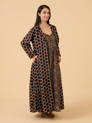 Noir Relax Fit Maternity and Nursing Nightwear With Robe Set - Black Maternity Nightwear Set