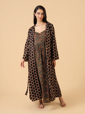 Noir Relax Fit Maternity and Nursing Nightwear With Robe Set - Black Maternity Nightwear Set