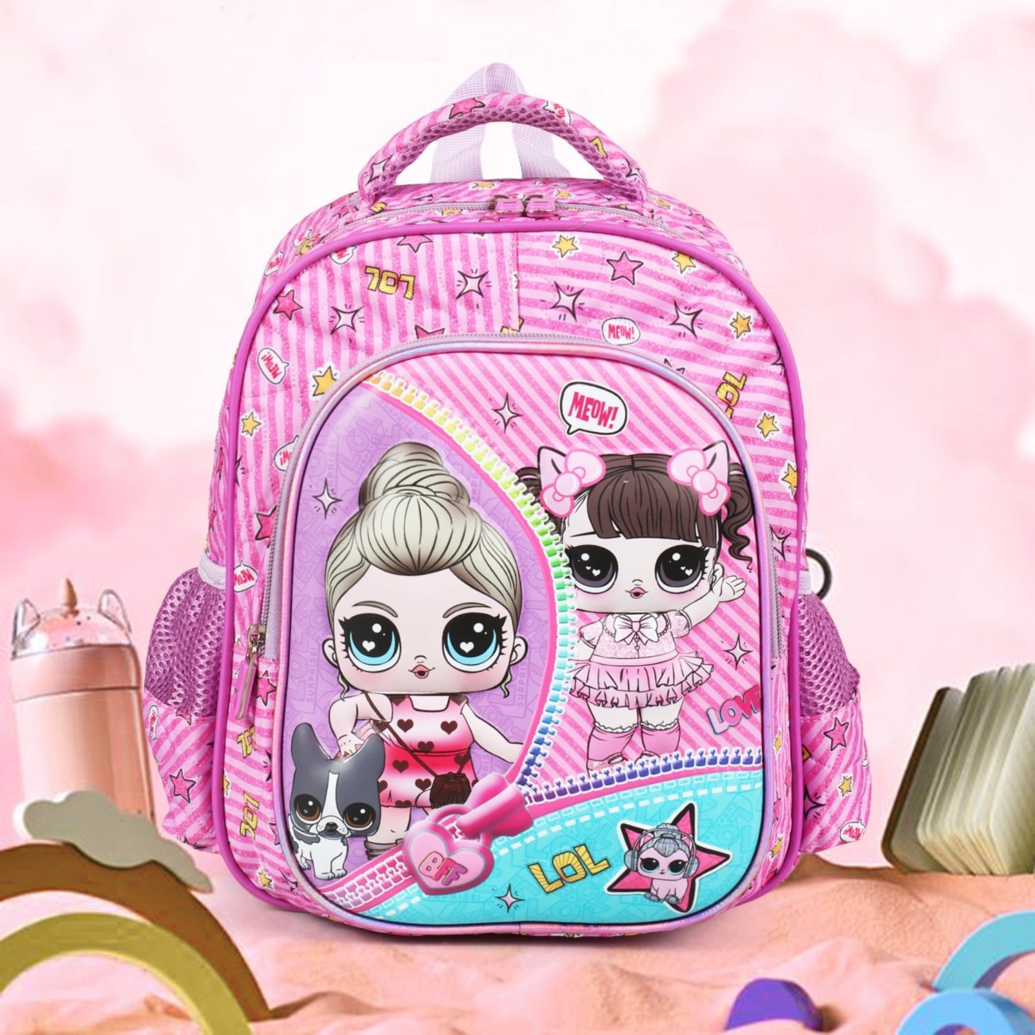 Novex Snug - On Meow Printed Girl Kids School Bag for Preschool, Kindergarten - 12 Inch | Backpack for 3 - 5 Years Kids - SNBP0424 - MEOW