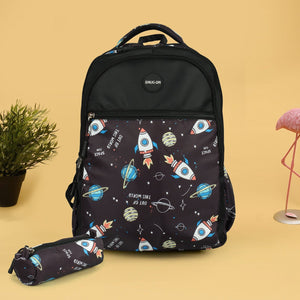 Novex Snug-On Rocket Printed Unisex Kids School Bag with Stationary Pouch - 19 Inch | Backpack for 12-16 Years Kids