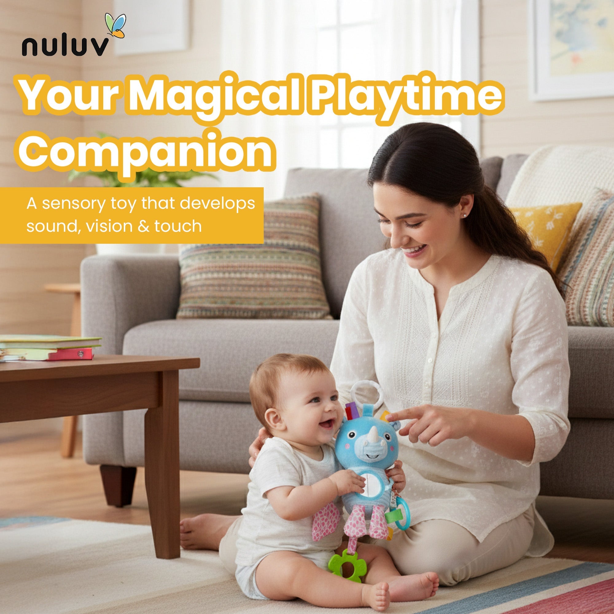 Nuluv Activity Rhino Plush Sensory Baby Toy for Teething & Tummy Time - Hanging Toy