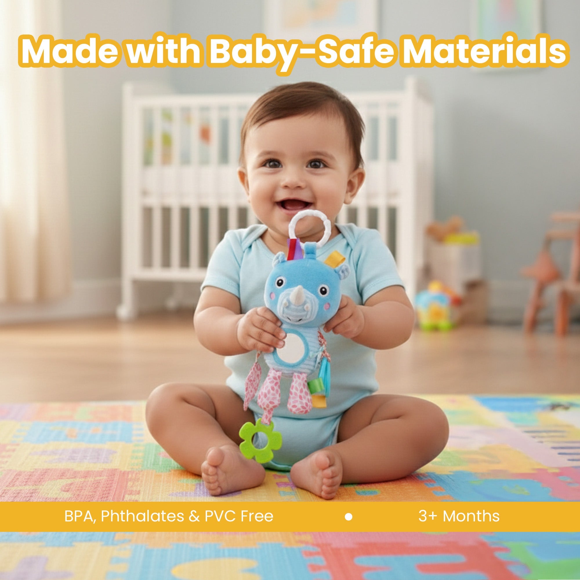Nuluv Activity Rhino Plush Sensory Baby Toy for Teething & Tummy Time - Hanging Toy