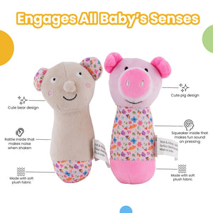 Nuluv Pig & Bear Sensory Plush Toys with Rattle & Squeaker - Soft Toy