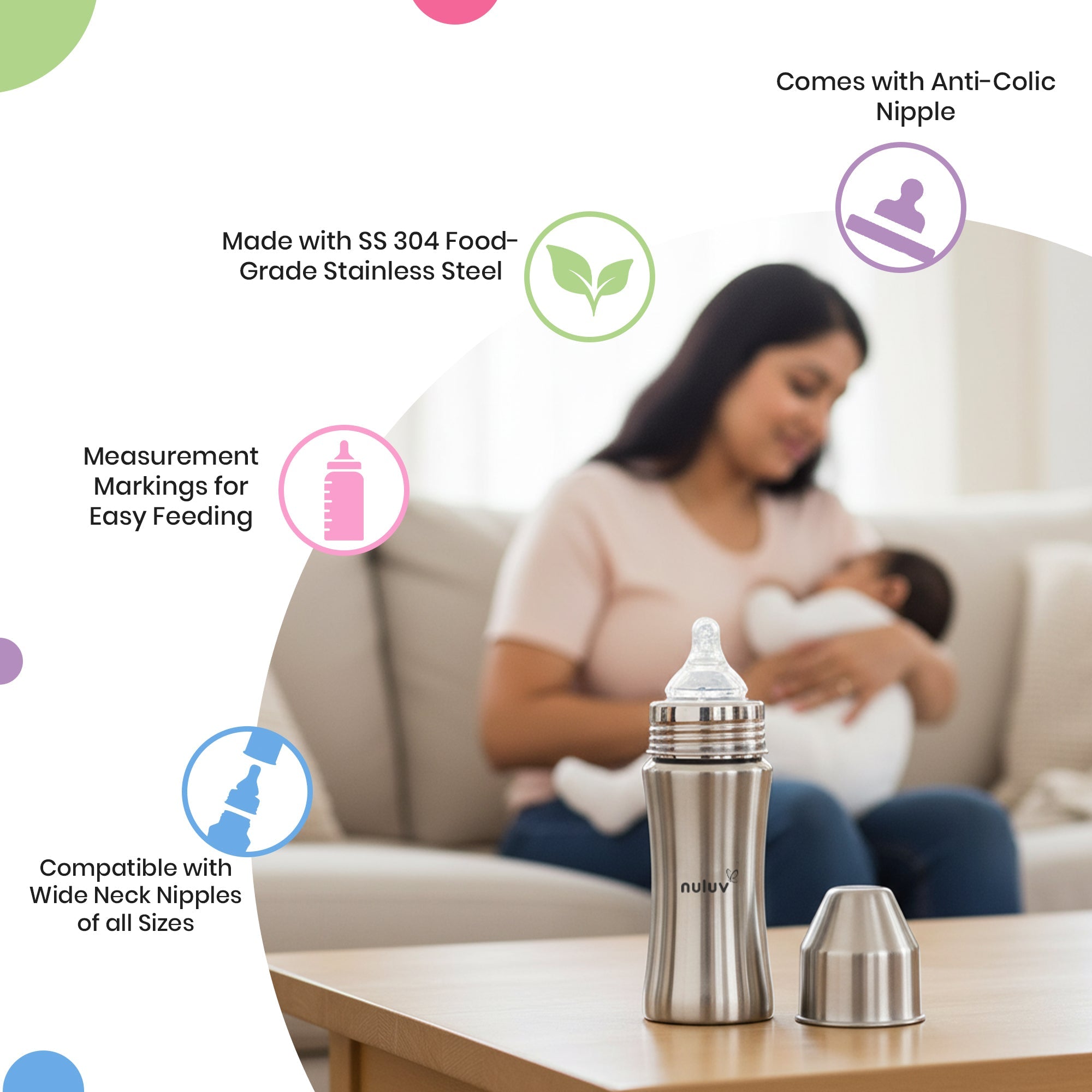 Nuluv Wide Neck Steel Feeding Bottle with nipple - 250ml Feeding Bottle