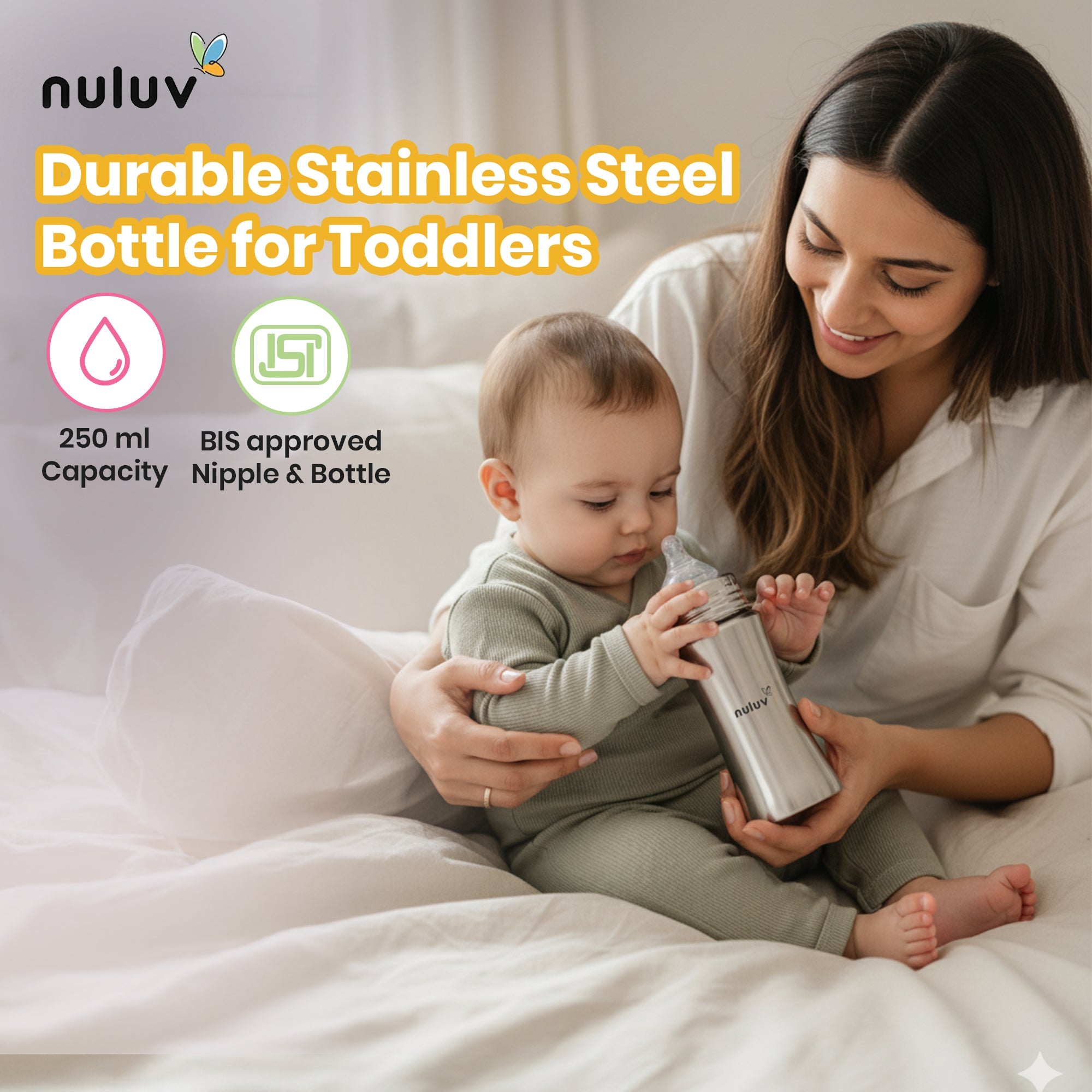 Nuluv Wide Neck Steel Feeding Bottle with nipple - 250ml Feeding Bottle