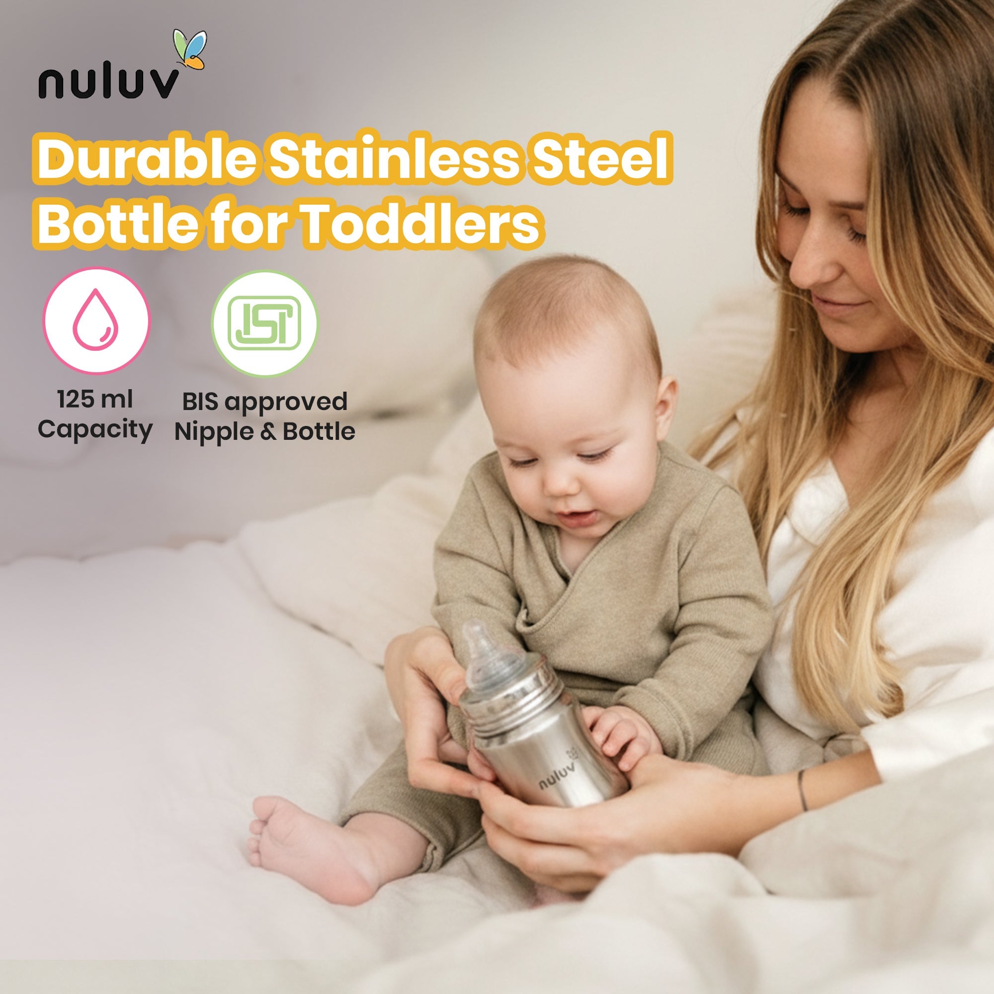 Nuluv Wide Neck Steel Feeding Bottle with nipple - 125ml Feeding Bottle