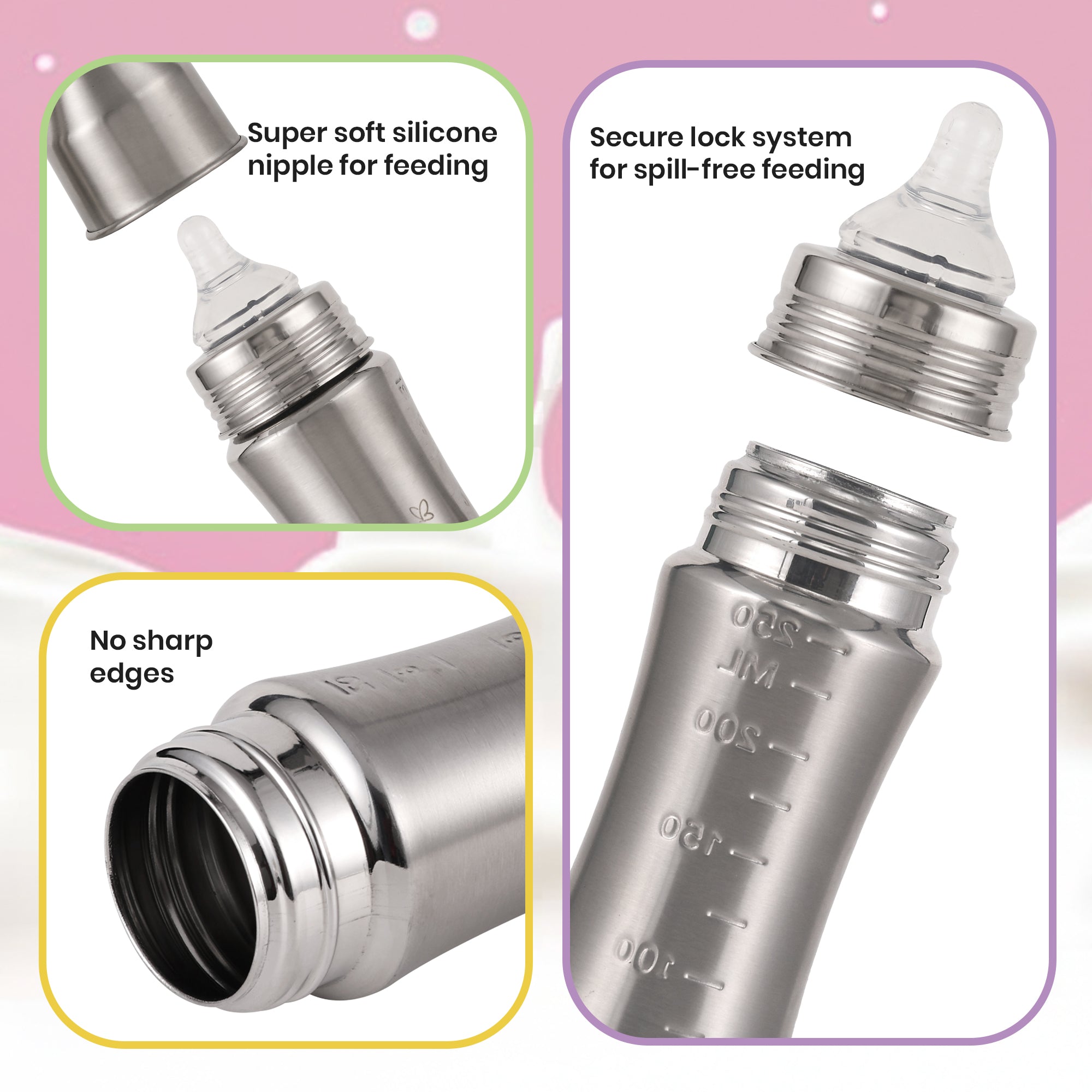 Nuluv Wide Neck Steel Feeding Bottle with nipple - 250ml Feeding Bottle