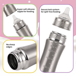 Nuluv Wide Neck Steel Feeding Bottle with nipple - 250ml Feeding Bottle