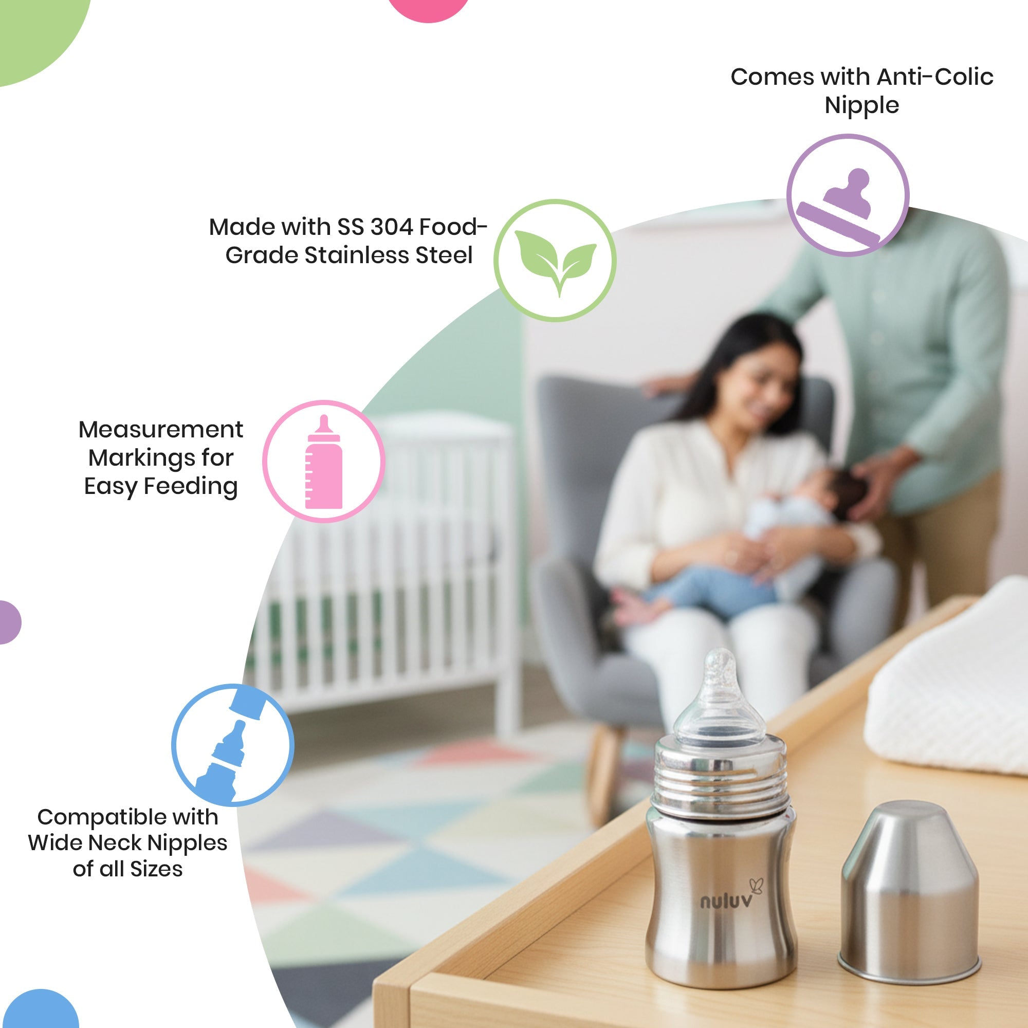 Nuluv Wide Neck Steel Feeding Bottle with nipple - 125ml Feeding Bottle