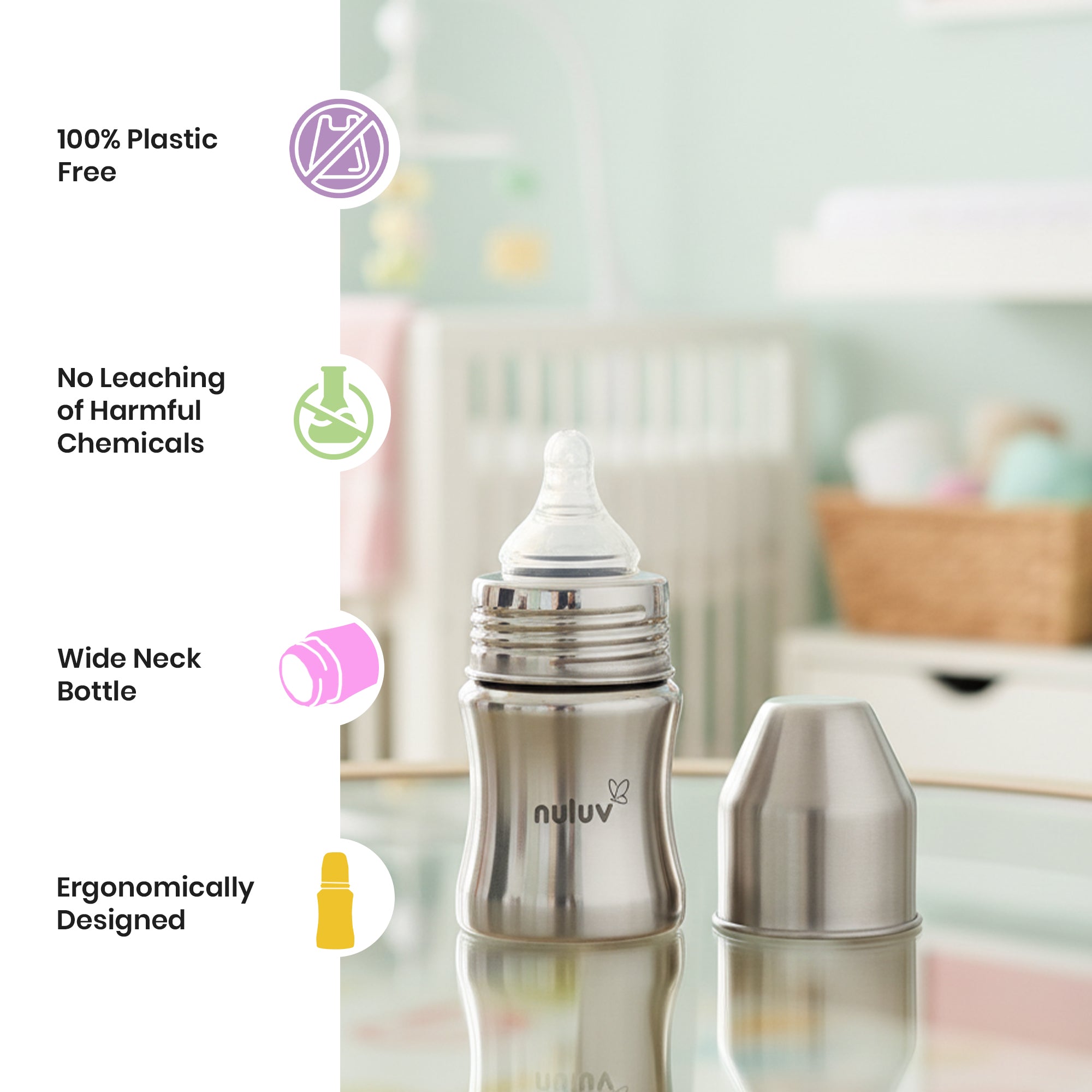 Nuluv Wide Neck Steel Feeding Bottle with nipple - 125ml Feeding Bottle