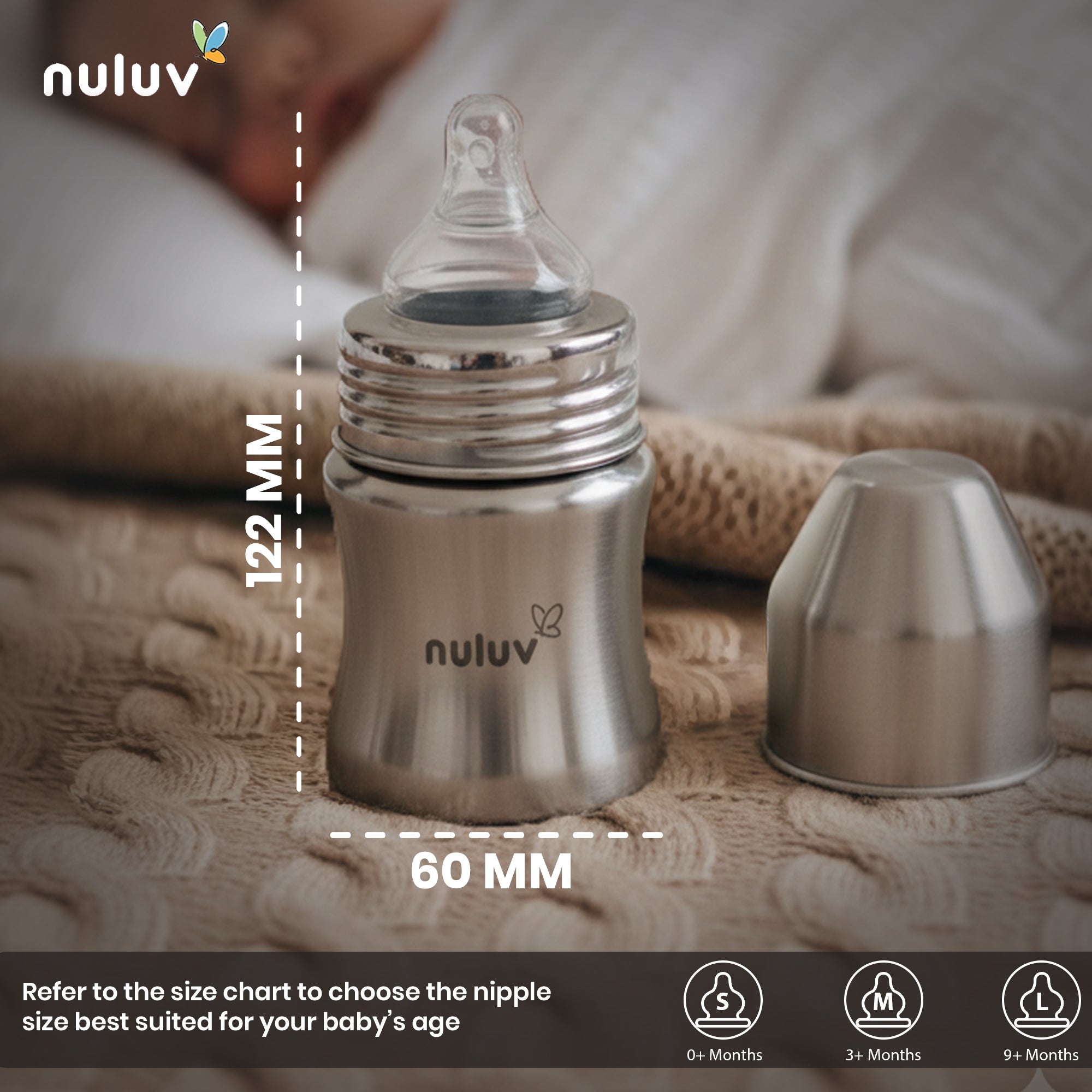 Nuluv Wide Neck Steel Feeding Bottle with nipple - 125ml Feeding Bottle