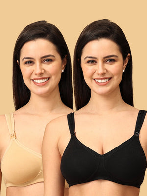Two models wearing black and beige coloured Non-padded nursing and feeding bra from the Mom Store.