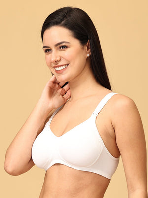 Side profile of the model wearing white coloured non padded nursing and feeding bra from the mom store